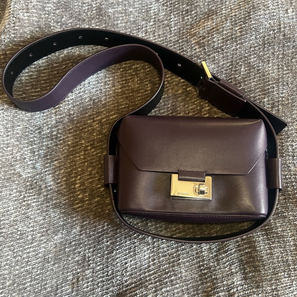 AllSaints Dark Aubergine Leather Crossbody Belt Bag with Gold Hardware